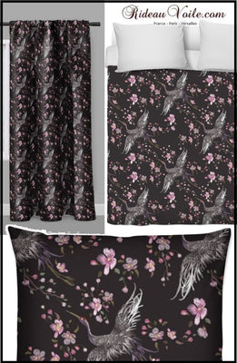 Oiseaux motif grue fleurs rose tissu au mètre ameublement store rideau coussin couette