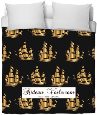 Tissu au mètre rideau coussin couette motif haut gamme Marin bateau navire or doré noir