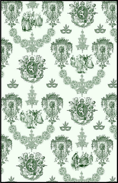 Tissu motif Toile de Jouy au mètre décoration ameublement rideau couette vert