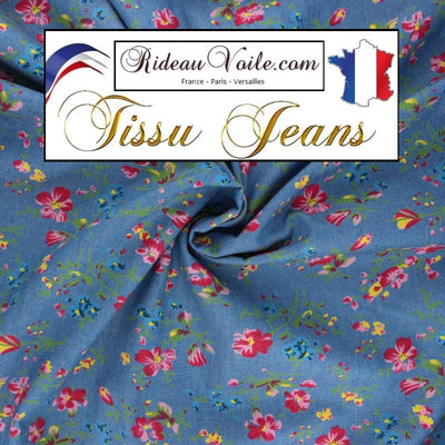 Boutique Rideauvoile déco Jeans 100% coton motifs de fleurs sauvages colorées fond bleu. textile ameublement. Tissu souple Denim Tissu ameublement 100% Jeans DÉNIM bleu au mètre rideau coussin décoration sur mesure prêt à poser.