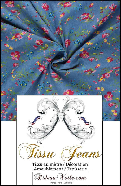 Boutique Rideauvoile déco Jeans 100% coton motifs de fleurs sauvages colorées fond bleu. textile ameublement. Tissu souple Denim Tissu ameublement 100% Jeans DÉNIM bleu au mètre rideau coussin décoration sur mesure prêt à poser.