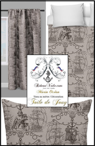 Tissu ameublement Toile de Jouy motif Marin au mètre brun