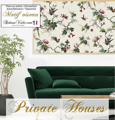 French country editor textile luxury inetrior decorator home designer fabrics birds flowers wallcoverings. Décoratrice architecte intérieur florale oiseaux tissu haute couture ameublement mètre motif  imprimé vintage fleurs rideau couette rideau. Equipement hôtel salon, ignifugé, occultant, voilage.