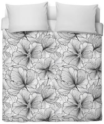 Tissu au mètre rideau couette coussin noir blanc larges pétales motifs fleurs fleuri