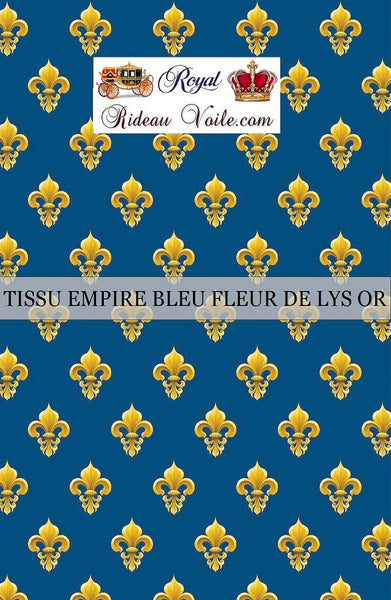 Tissu style Empire bleu au mètre motif Fleur de Lys Or rideau couette coussin