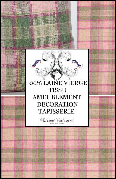 Tissu à carreaux tartan vert et rose d'ameublement pour la décoration d'intérieur et la tapisserie 100% Laine haute qualité - Tissu disponible au mètre et service de confection sur mesure - Motif répétition: 24,5 cm