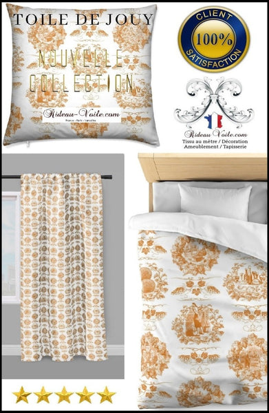 Toile de Jouy orange tissu au mètre rideau coussin couette. Tissu ameublement tapisserie style Empire Restauration Toile de Jouy rideau imprimé Jouy au mètre. Boutique Rideau ignifugé occultant.Textile Empire Restoration style country french fabric Toile de Jouy curtain. Arte fresca Stoffe im Stil des Klassizismus & Empire Tapestry klädsel tyg Restaurering.