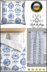Tissu toile de Jouy bleu décoration intérieur ameublement au mètre boutique rideau coussin sur mesure coton Paris Versailles France