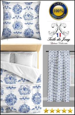 Tissu toile de Jouy bleu décoration intérieur ameublement au mètre boutique rideau coussin sur mesure coton Paris Versailles France