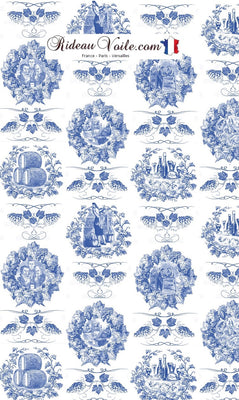 Tissu toile de Jouy bleu décoration intérieur ameublement au mètre boutique rideau coussin sur mesure coton Paris Versailles France