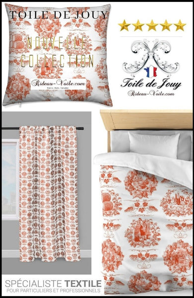 Tissu toile de Jouy orange décoration intérieur ameublement au mètre boutique rideau coussin sur mesure coton Paris Versailles France. Tissu ameublement tapisserie Empire Toile de Jouy rideau au mètre. Ignifugé occultant. Textile Empire country french fabric Toile Jouy furnishing upholstery curtain. Arte fresca Stoffe Klassizismus Tapestry klädsel Restaurering gardintyg.Tecido tapeçaria cortina. Gordijnen, Gordijnstof, Gordijnstoffen.