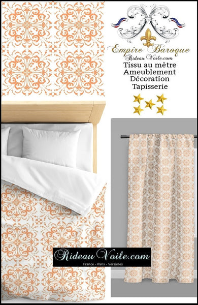 Tissu ameublement au mètre motif fleur style Empire Baroque ornement orange