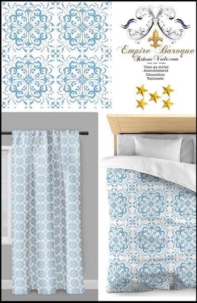 Tissu ameublement au mètre motif luxe Empire Baroque ornement florale bleu