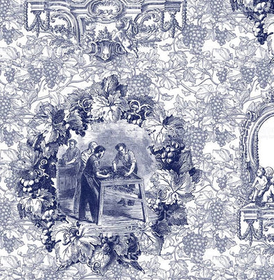 Tissu déco tapisserie Toile de Jouy au mètre bleu marine rideau couette sur mesure
