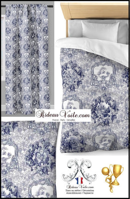 Tissu déco tapisserie Toile de Jouy au mètre bleu marine rideau couette sur mesure