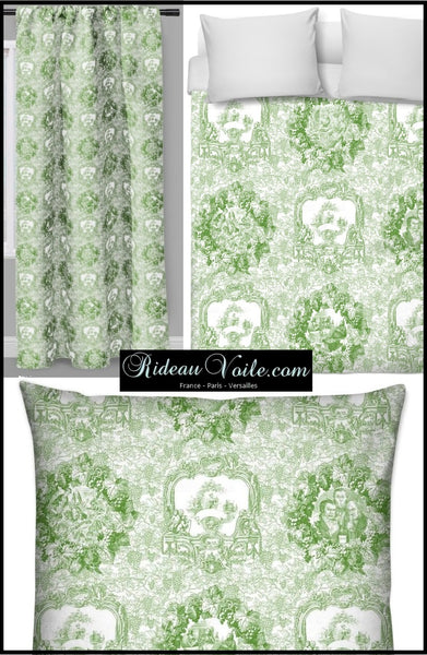 Motif Toile de Jouy vert vigne tissu décoration ameublement tapisserie au mètre