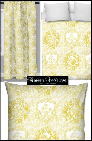 Tissu motif Toile de Jouy jaune vigne décoration ameublement tapisserie rideau