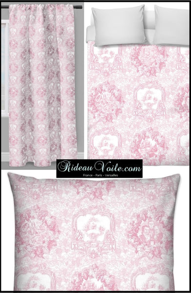 Tissu motif Toile de Jouy rose vigne décoration ameublement tapisserie rideau