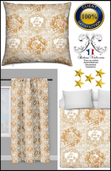 Tissu motif Toile de Jouy orange vigne décoration ameublement tapisserie