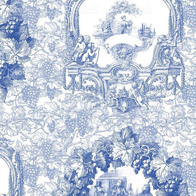 Shop tissu Toile de Jouy au mètre bleu rideau couette coussin haut gamme