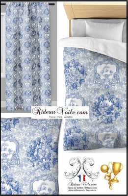 Shop tissu Toile de Jouy au mètre bleu rideau couette coussin haut gamme