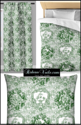 Tissu d'éditeur ameublement motif Toile de jouy vert mètre rideau couette coussin