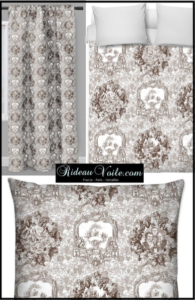 Tissu Toile de Jouy décoration tapisserie au mètre rideau couette coussin marron. Boutique Achat rideaux motif Toile de Jouy sur mesure. Tissu ameublement haut gamme au mètre ignifugé, occultant, voilage, rideau, coussin, couette. Decorating home French fabric upholstery yard. Tela cortina. verhokangas. Tessuto per tende. Rido Stoff Riddoen. Möbelstoff vorhänge. Paris Versailles.