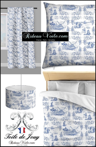 Tissus au mètre tapisserie ameublement bleu rideau couette coussin Toile de Jouy