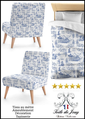 Tissus au mètre tapisserie ameublement bleu rideau couette coussin Toile de Jouy