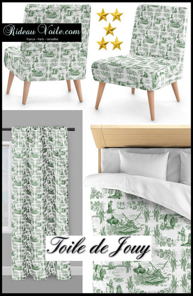 Beaux tissus au mètre tapisserie ameublement vert rideau couette Toile de Jouy