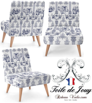 Toile de Jouy bleu tissu au mètre ameublement déco rideau couette coussin