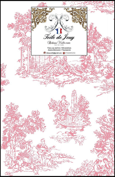 Tissu d'ameublement fabricant Français Toile de Jouy rose au mètre. Couturière sur mesure voilage, rideau, décoration architecte d'intérieur haut gamme décoratrice Paris Versailles. French editor luxury Toile de Jouy upholsterer fabrics home decorating interior.