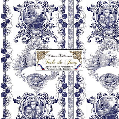 Boutique Rideauvoile tissu motif musée Toile de Jouy bleu sur mesure au mètre décoration intérieure, extérieur outdoor. Textile éditeur ameublement couture confection, en ignifugé, occultant, voilage, velours rideau, coussin, couette. Tapisserie siège fauteuil bergère.