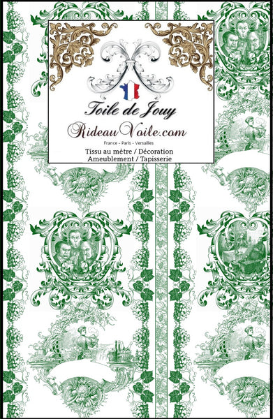 Rideauvoile Versailles Toile de Jouy inédite vert au mètre ameublement tapisserie store housse de couette rideau voilage décoration intérieure, extérieur outdoor. Textile éditeur ameublement couture confection, en ignifugé, occultant, velours rideaux, dessus de lit,Tapisserie siège fauteuil bergère.