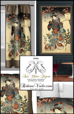 Boutique Japonaise motif Geisha tissu ameublement au mètre décoration tapisserie asiatique occultant ignifugé rideau. Drapes Fabric Japanese Asian meter Geisha pattern Stoff japanesch asiatesch Blo Stoff Polsteréierung Stoffdekoratioun Ariichtung Motiv Gardinen Stofdekoration med indretning af asiatiske motivgardin.