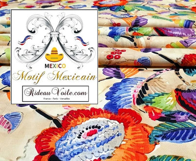 Tissu imprimé d'éditeur créateur d'ameublement pour la décoration et la tapisserie à motifs Mexicain et le traditionnel design floral BOHO fond écru | Textile disponible au mètre & Confection sur mesure.
