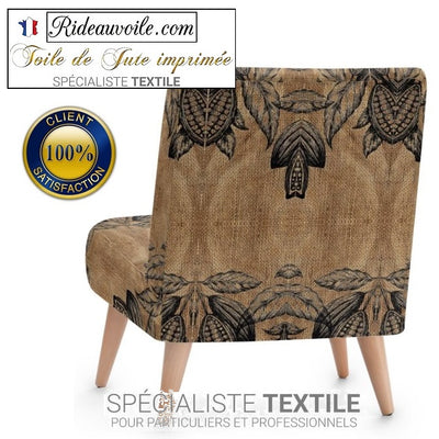 Tissu ameublement vieux sac Toile de Jute Décoration vintage café cacao motif ethnique imprimé mètre tapisserie mètre rideau. Fabrics burlap sack coffe chocolate upholstery tapestry drapes meter. Voilage, rideau couette, coussin. Textile ignifuge, occultant. siège fauteuil. Décoratrice intérieur Paris Versailles.