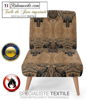 Tissu ameublement vieux sac Toile de Jute Décoration vintage café cacao motif ethnique imprimé mètre tapisserie mètre rideau. Fabrics burlap sack coffe chocolate upholstery tapestry drapes meter. Voilage, rideau couette, coussin. Textile ignifuge, occultant. siège fauteuil. Décoratrice intérieur Paris Versailles.