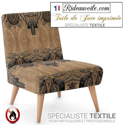 Tissu ameublement vieux sac Toile de Jute Décoration vintage café cacao motif ethnique imprimé mètre tapisserie mètre rideau. Fabrics burlap sack coffe chocolate upholstery tapestry drapes meter. Voilage, rideau couette, coussin. Textile ignifuge, occultant. siège fauteuil. Décoratrice intérieur Paris Versailles.