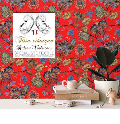 Mètre tissus motif INSPIRATION Toile de Jouy cachemire rouge Indiennes Paisley rideau. d'ameublement éditeur textile mètre rideau décoratrice d’intérieur architecte ignifugé, occultant. Atelier papier-peint artisan confection voilage, coussin, couette.