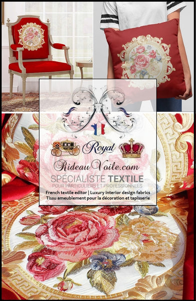 Tissu broderie artisanal ameublement au mètre motif floral doré fleuri tapisserie brodée bouquet fleurs ornement Baroque style Rococo. Décoration rénovation confection sur mesure rideau, French store fabrics embroideries embroidery velvet upholstery meter yard interior luxury decorating home.