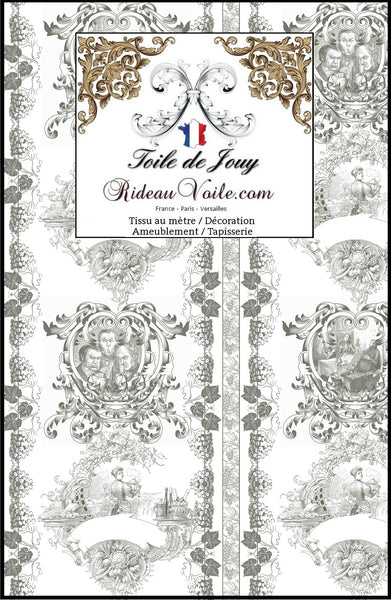 Rideauvoile Versailles Paris Toile de Jouy gris inédite au mètre ameublement tapisserie store housse de couette rideau  voilage décoration intérieure, extérieur outdoor. Couture confection, en ignifugé, occultant, velours rideaux, dessus de lit,Tapisserie siège fauteuil bergère.