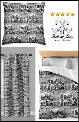 Toile de Jouy tissu au mètre motif rétro ancien Empire Médiéval noir scène moyen-âge coussin rideau couette textile