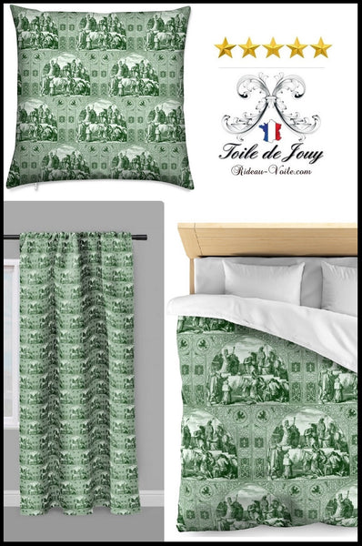 Toile de Jouy vert tissu au mètre motif rétro Médiéval