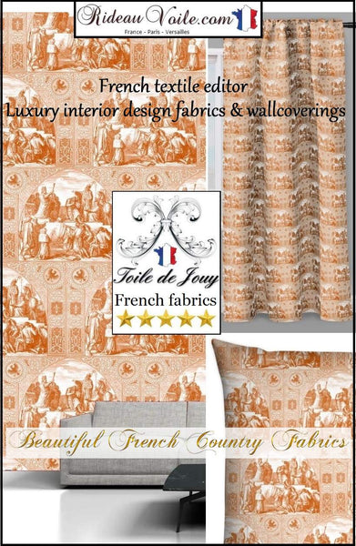 Rideauvoile | Éditeur tissu d'ameublement Moyen-Âge motif Toile de jouy orange Médiéval décoratrice intérieur mètre rideau voilage. French fabrics Toile de Jouy pattern yard meter drape upholsterer decorating home. Stoff Mete Vorhangstoff rido Empire. Gardib stof ved måleren.