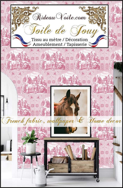 Rideauvoile | Spécialiste des tissus d'ameublement de luxe à Paris Versailles Toile de jouy rose imprimé Médiéval décoration décoratrice intérieur extérieur. Textile ignifugé non feu M1. Tapissier décorateur mètre rideau voilage. French home fabrics  luxury yard meter curtain upholsterer. 