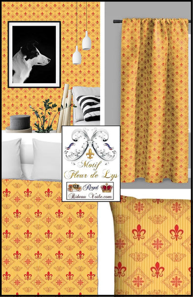 Boutique Paris Versailles ameublement tissu au mètre motif emblème Empire Fleur lys rouge jaune ignifugé occultant voilage couette rideau. Textile toile de tapisserie fauteuil siège French fabrics meter upholster tapestry drapes curtain armchair flame retardant blackout duvet cover.