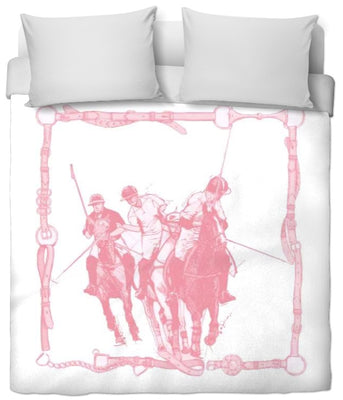 Motif polo sport tissu au mètre cheval chevaux rideau couette rose