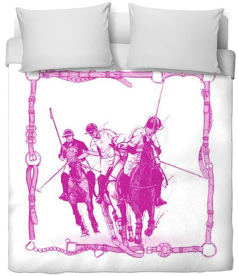 Motif polo sport tissu au mètre cheval chevaux rideau couette fushia rose