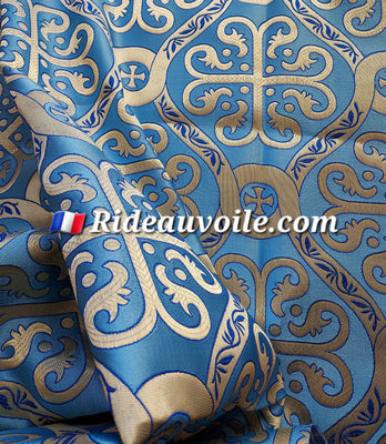 Tissu ameublement bleu Or Médiéval Brocart Baroque motif celtique rideau